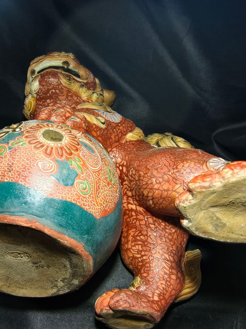 九谷焼 唐獅子 置物 魔除け 狛犬 玉獅子 縁起物 特大　在銘 骨董