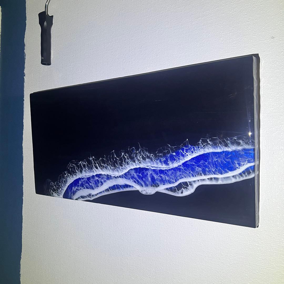 【レジンアート】モノクローム／夜光虫／蓄光／ワイドパネル 60cm × 28cm
