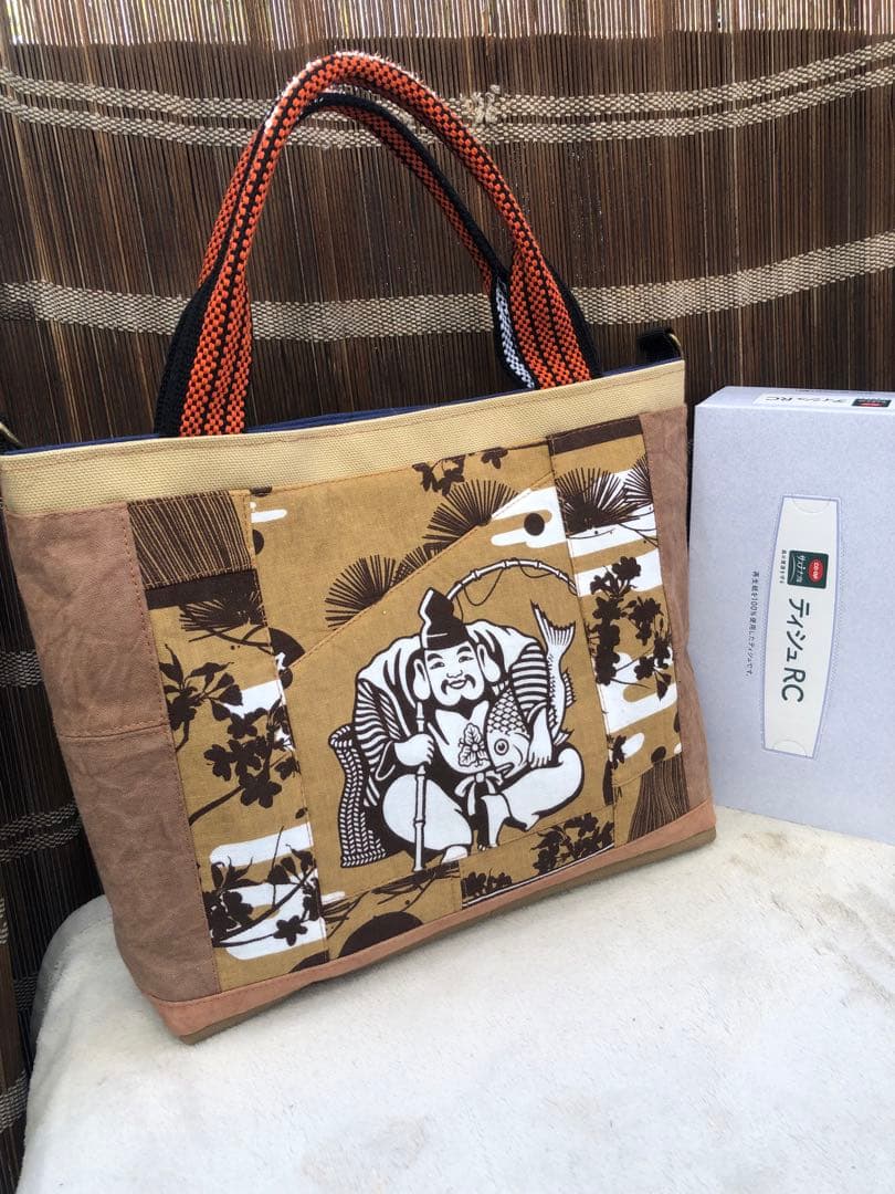 ハンドメイド限定1点★恵比寿×柿渋パッチワーク2wayバッグ・畳縁ショルダー紐付