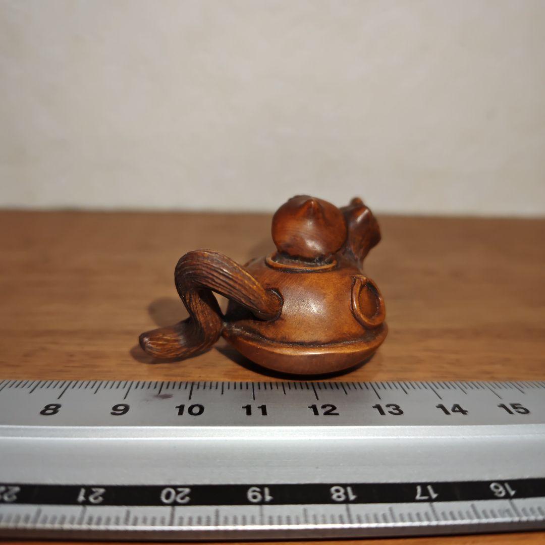 時代提物 木彫根付 【分福茶釜】横幅約5.2cm 重さ12 g◇縁起物◇可愛い☆