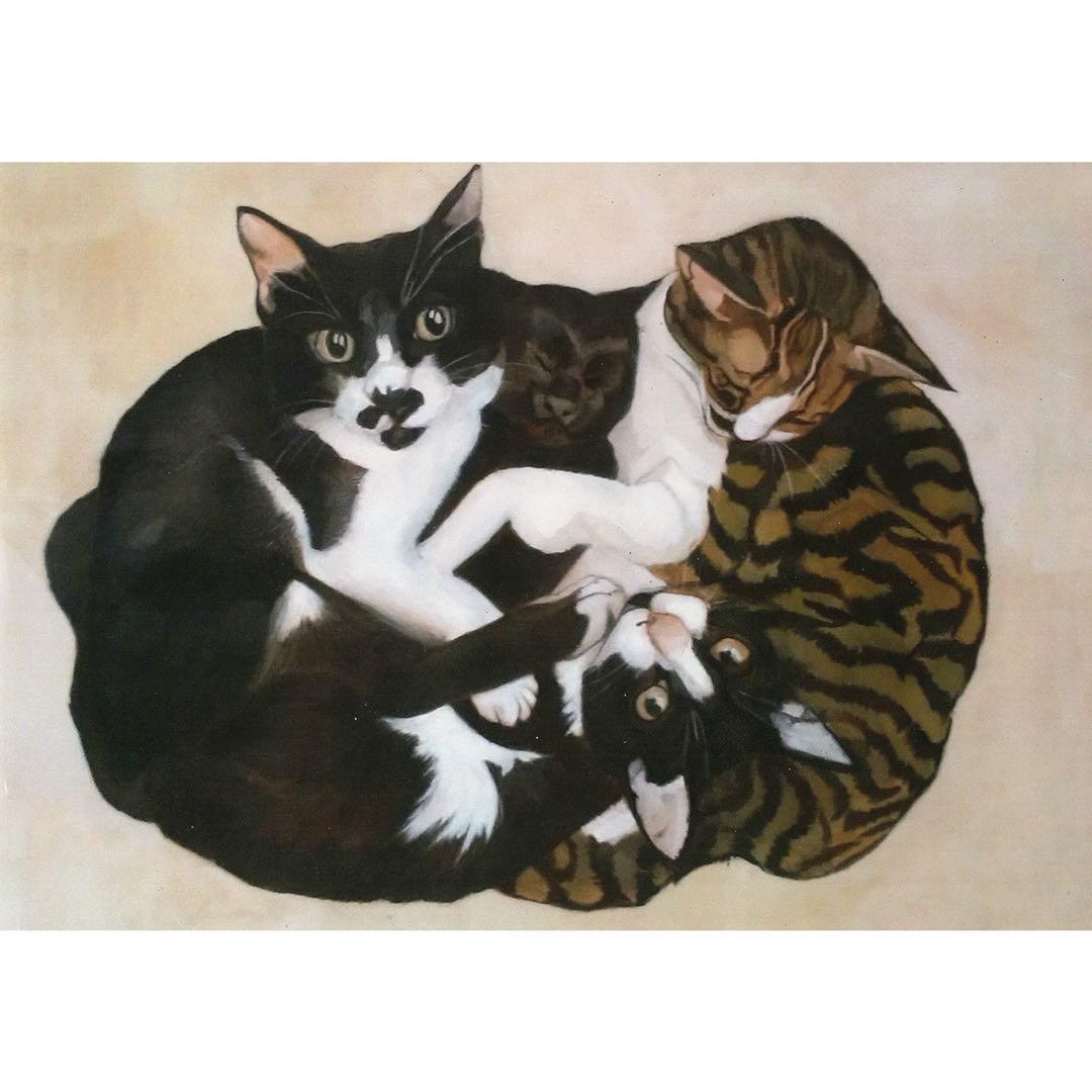 原画「寝床の二匹」《＋猫イラスト３枚無料プレゼント》猫イラスト