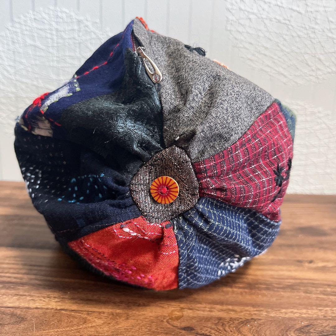 【ハンドメイド】特大サイズ！！刺し子とパッチワークのまんまるポーチ　和柄