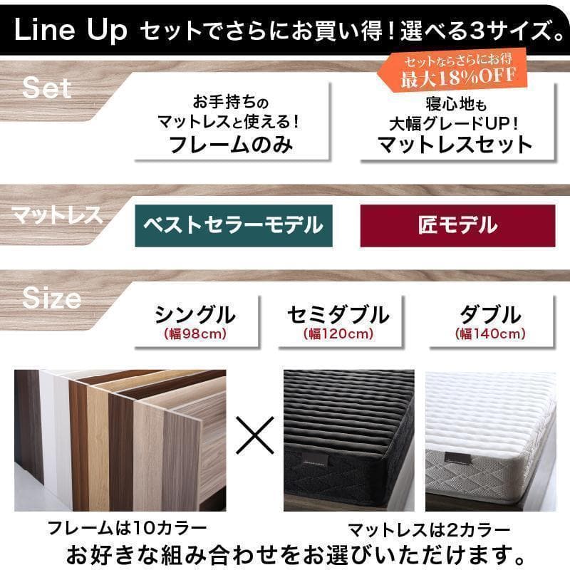 【こむぎ】セミダブルベッド 収納 棚 2口コンセント マットレス付W