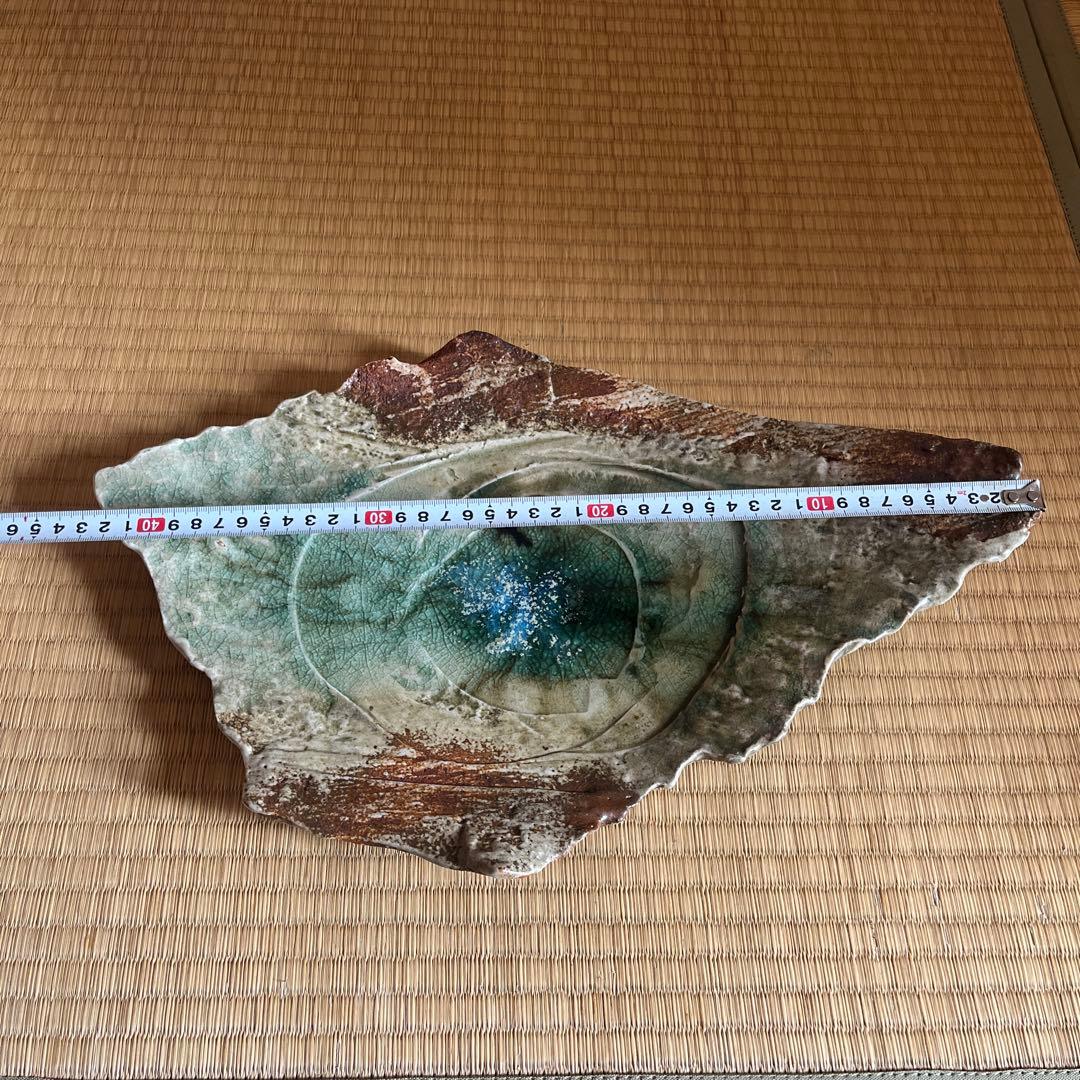 【断捨離】伊賀焼　新学さん作　大皿　葉型陶器　緑色
