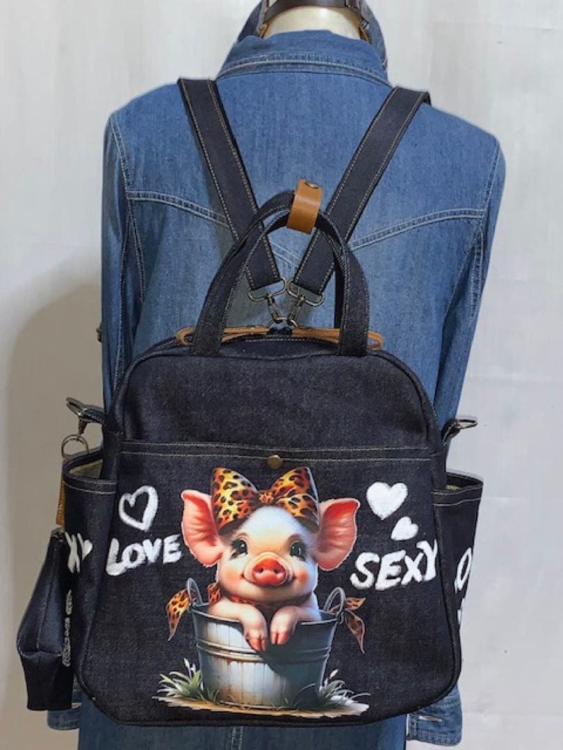 ☆ハンドメイド☆岡山デニム☆ブタさん☆リュック対応☆4wayボストンバッグ