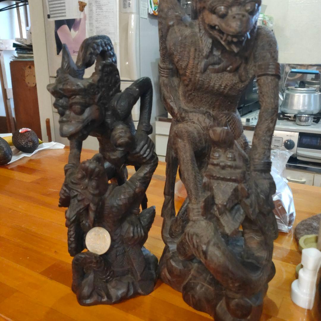 オマケ付 水に沈みます(黒壇）木製神話的生物彫刻 約36cm ハヌーマン バリ島