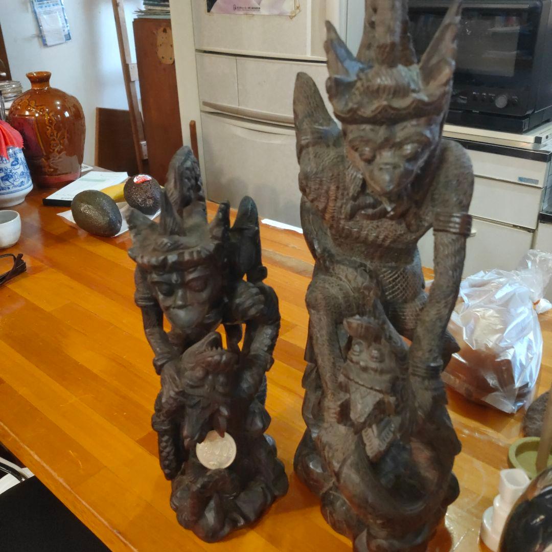 オマケ付 水に沈みます(黒壇）木製神話的生物彫刻 約36cm ハヌーマン バリ島