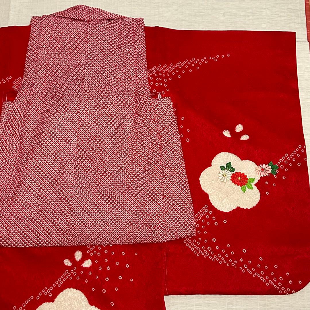 七五三 3歳 フルセット 総絞り 着物 正絹 被布 刺繍 三歳 赤 草履 753