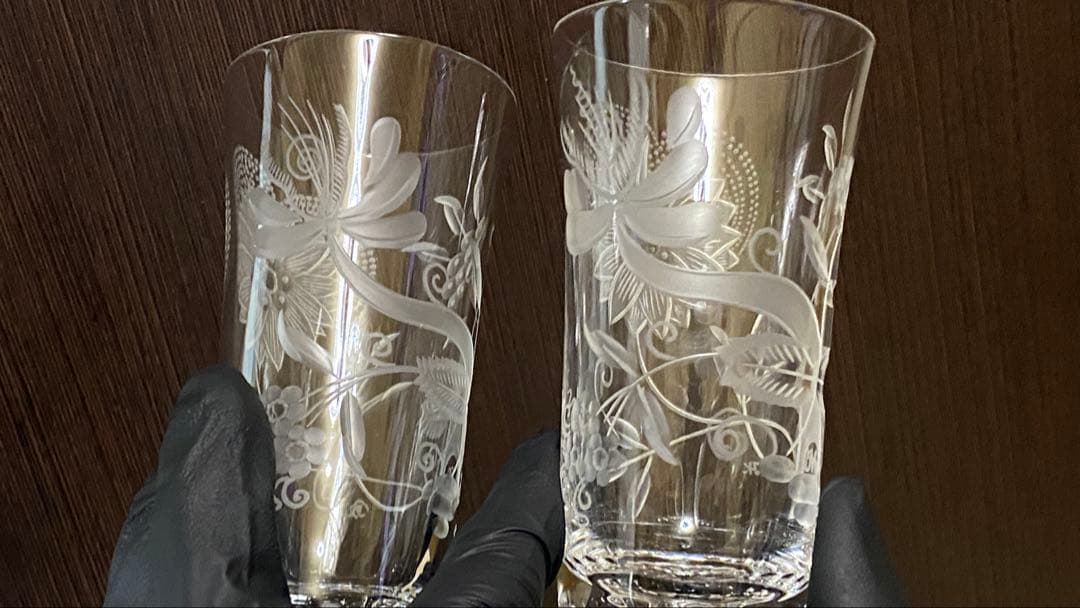 終売品・カガミクリスタルグラス・皇室献上品・菊の紋　ペア2客セット