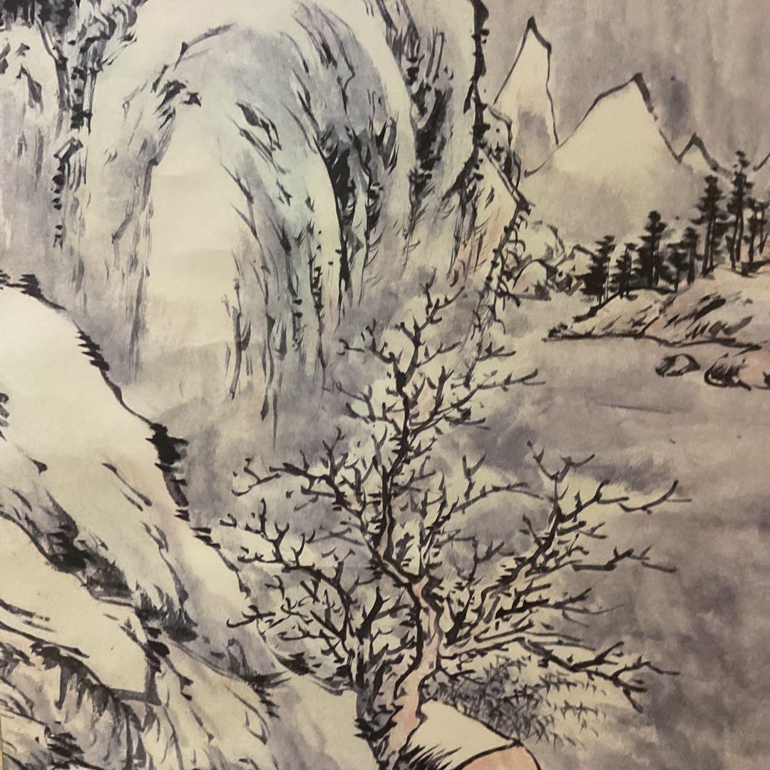 中国画 小 痴 複製画 紙本掛け軸 淡彩水墨画 軸先紫檀