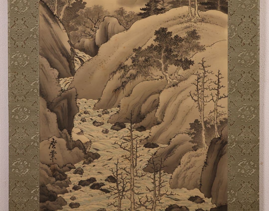 【模写】寺崎廣業(広業) 春秋山水図 絹本 双幅 掛軸 鳥谷幡山極書 MB237
