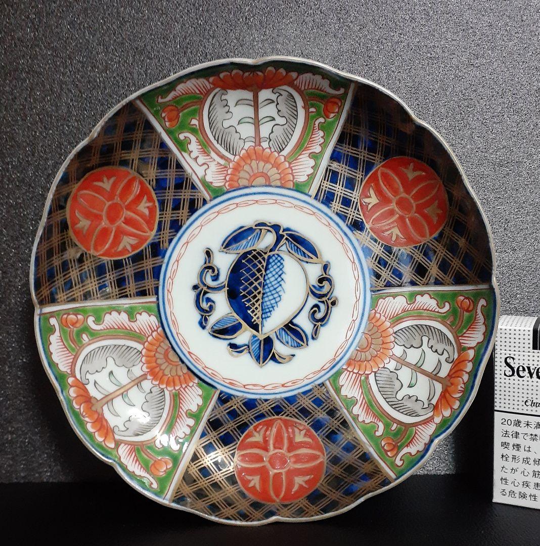 【上作品】明治時代　古伊万里　錦手　金彩色絵　柘榴に花文様　21.5cm　輪花皿