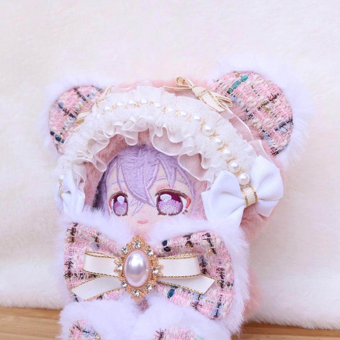 ツイードリボンのくまさん.12〜14cm/ピンク❤︎おすわりぬい服 ちびぐるみ