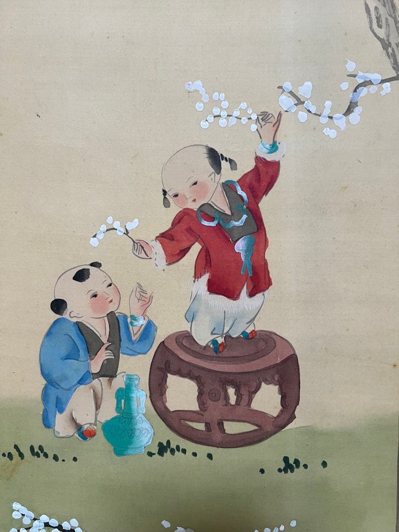 中国画 二幅 ［牡丹に蝶　童子戲図］絹本　肉筆　送料込み！