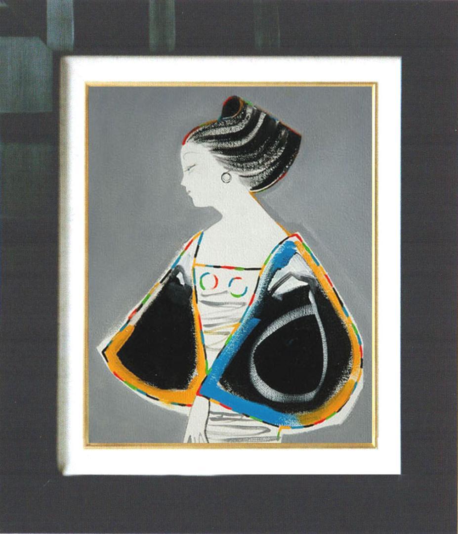 油絵 菅家令子 絵 絵画インテリア額付(青緑＋金色の枠) F3-010411女性