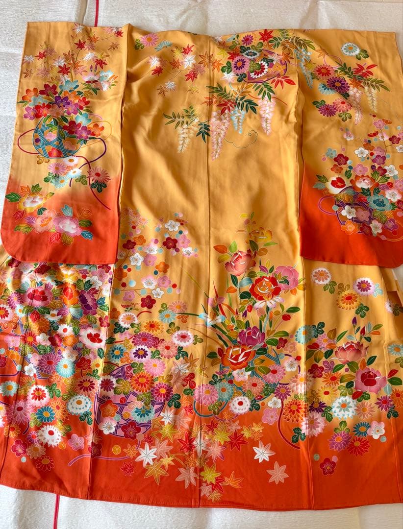 七五三に★逸品　正絹縮緬に花籠と四季花々① 7歳着物フルセット