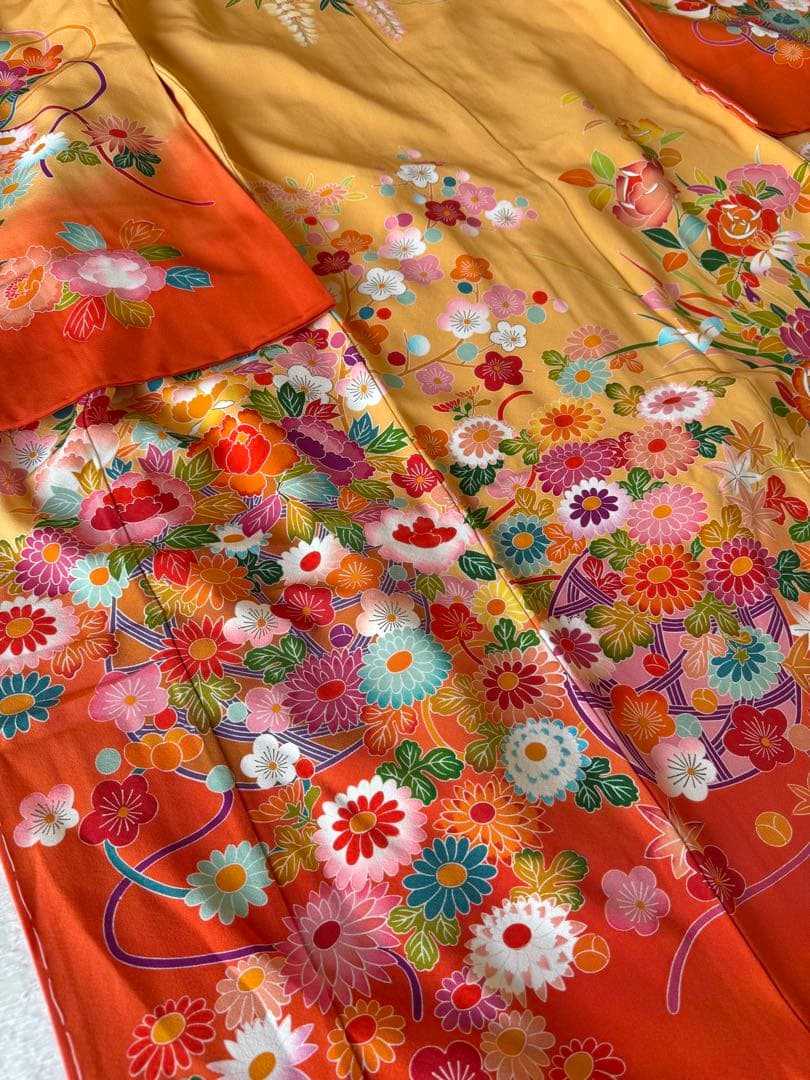 七五三に★逸品　正絹縮緬に花籠と四季花々① 7歳着物フルセット