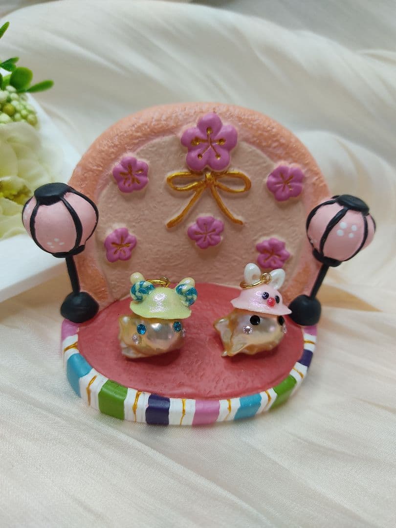 [ひな祭り✨]本真珠のお雛様　淡水バロック　ペア　メタリックオレンジ　ペンダント