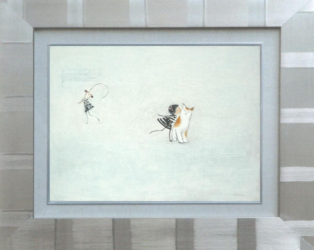油絵 菅家令子 絵 絵画インテリア額付 (黒) F4-090718 子猫と女の子