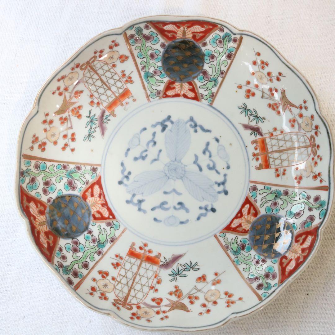 時代色絵伊万里　さわやかな赤絵に梅と鶯鳥籠図七寸皿プレート2枚 骨董