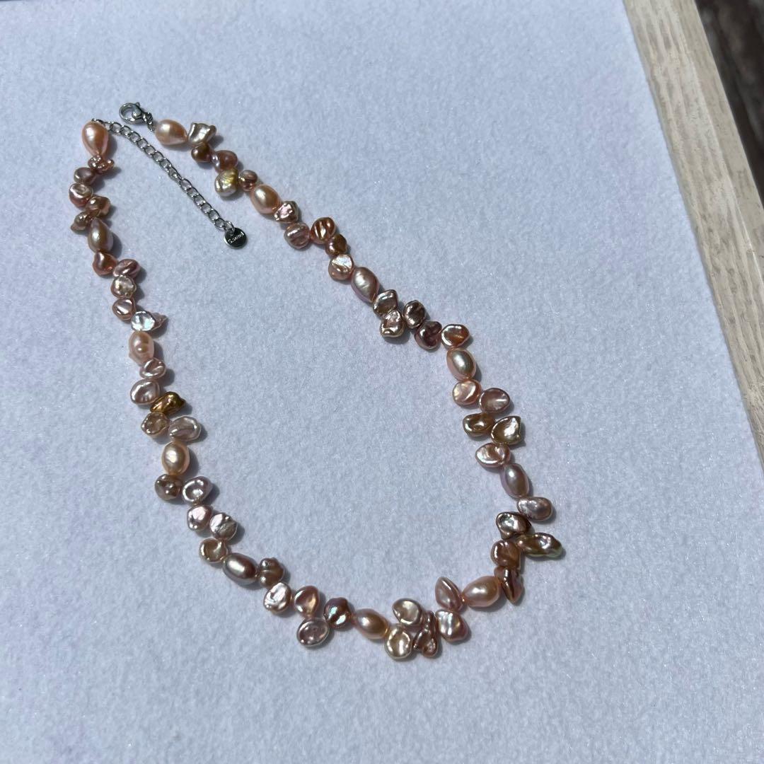 花びらケシパールネックレス　一連　マルチメタリックカラー　淡水パールネックレス