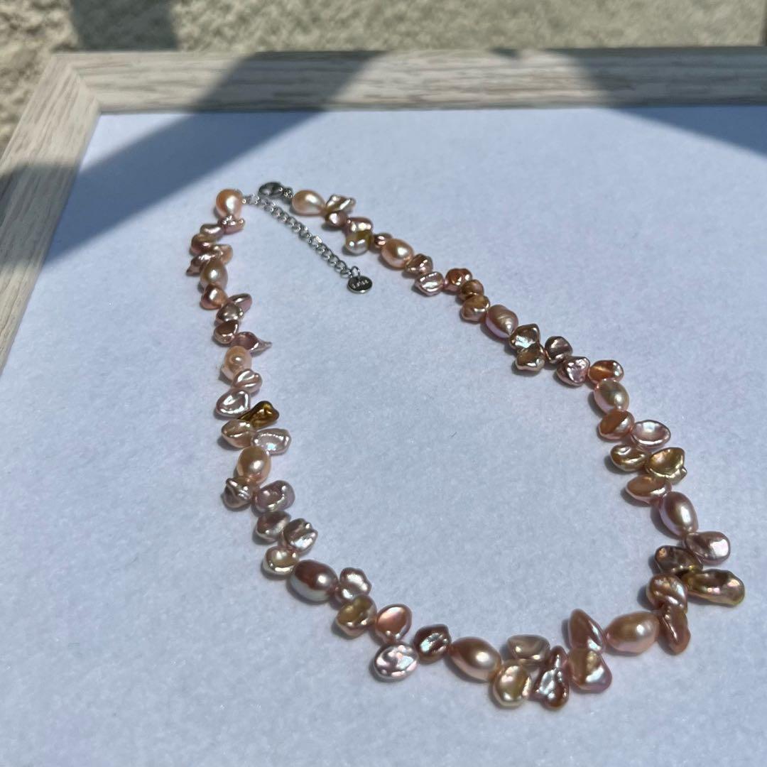 花びらケシパールネックレス　一連　マルチメタリックカラー　淡水パールネックレス