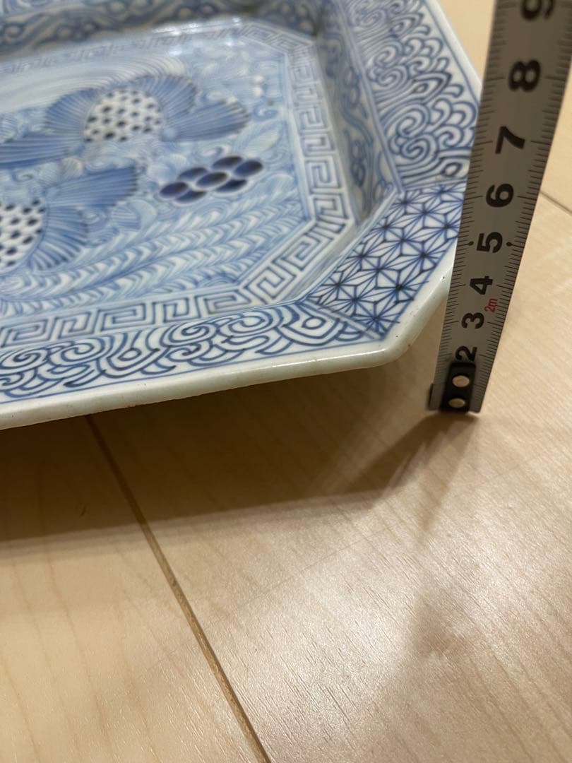 骨董伊万里　線描　染付　角皿　隅切　1客