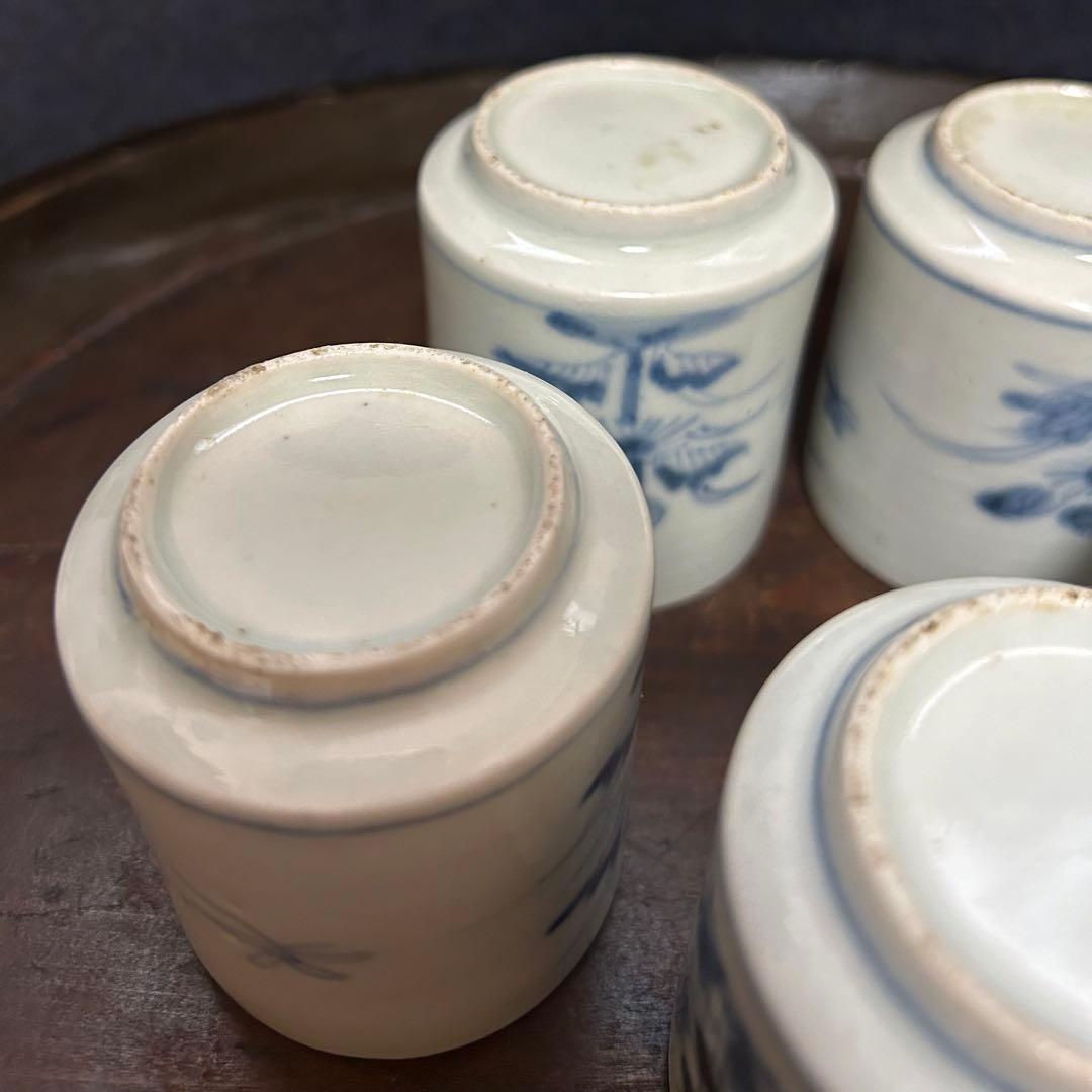 湯沢市の蔵出し品　江戸期　蝶と草花図覗き猪口　五客揃　無傷　本物保証