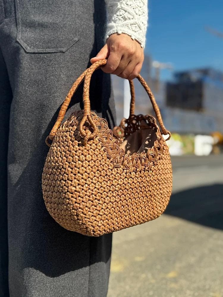 ✨希少美品✨ 山葡萄 かごバッグ 六角花結び編み 変則二重編み 手提げ 内布付き