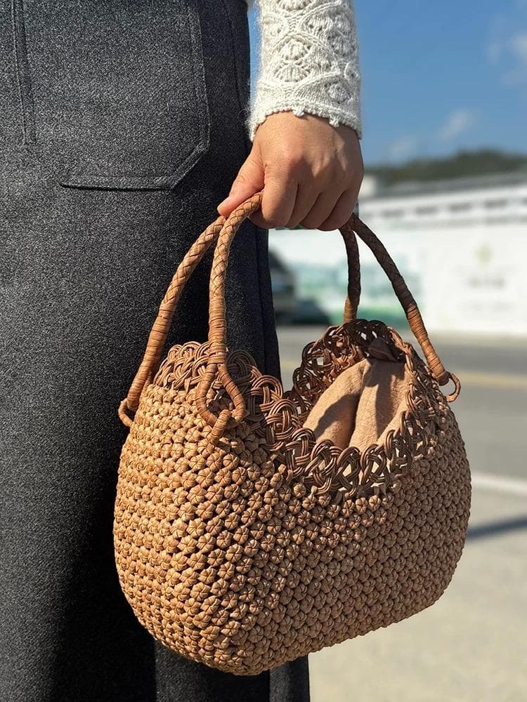 ✨希少美品✨ 山葡萄 かごバッグ 六角花結び編み 変則二重編み 手提げ 内布付き