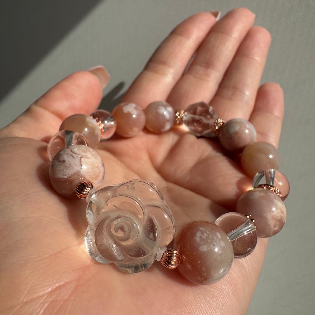 一点物　天然石　ハンドメイドブレス　桜瑪瑙　水晶