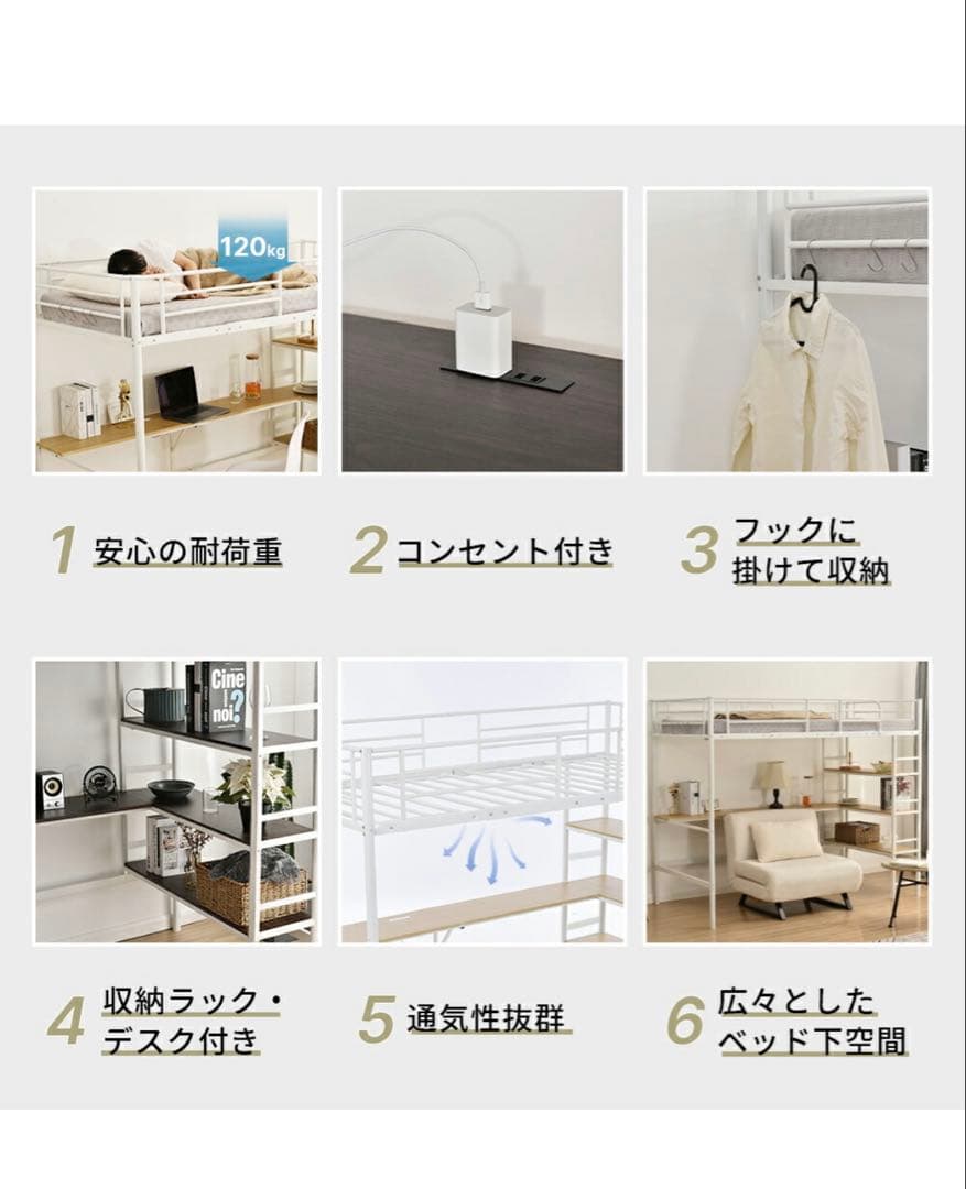 ロフトベッド シングル デスク・収納・コンセント付き　BLACK
