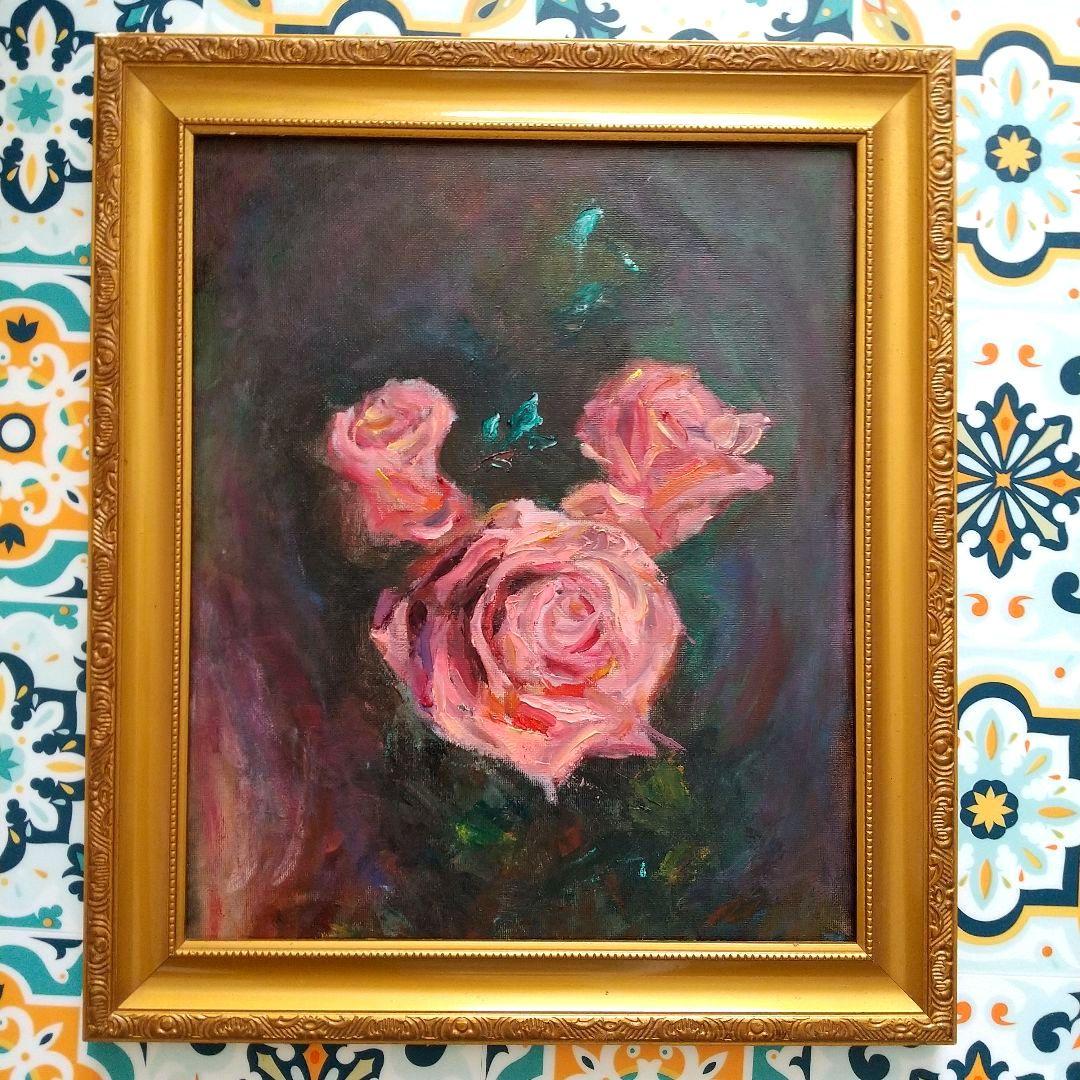 静物画 バラ 油彩画 額縁付き