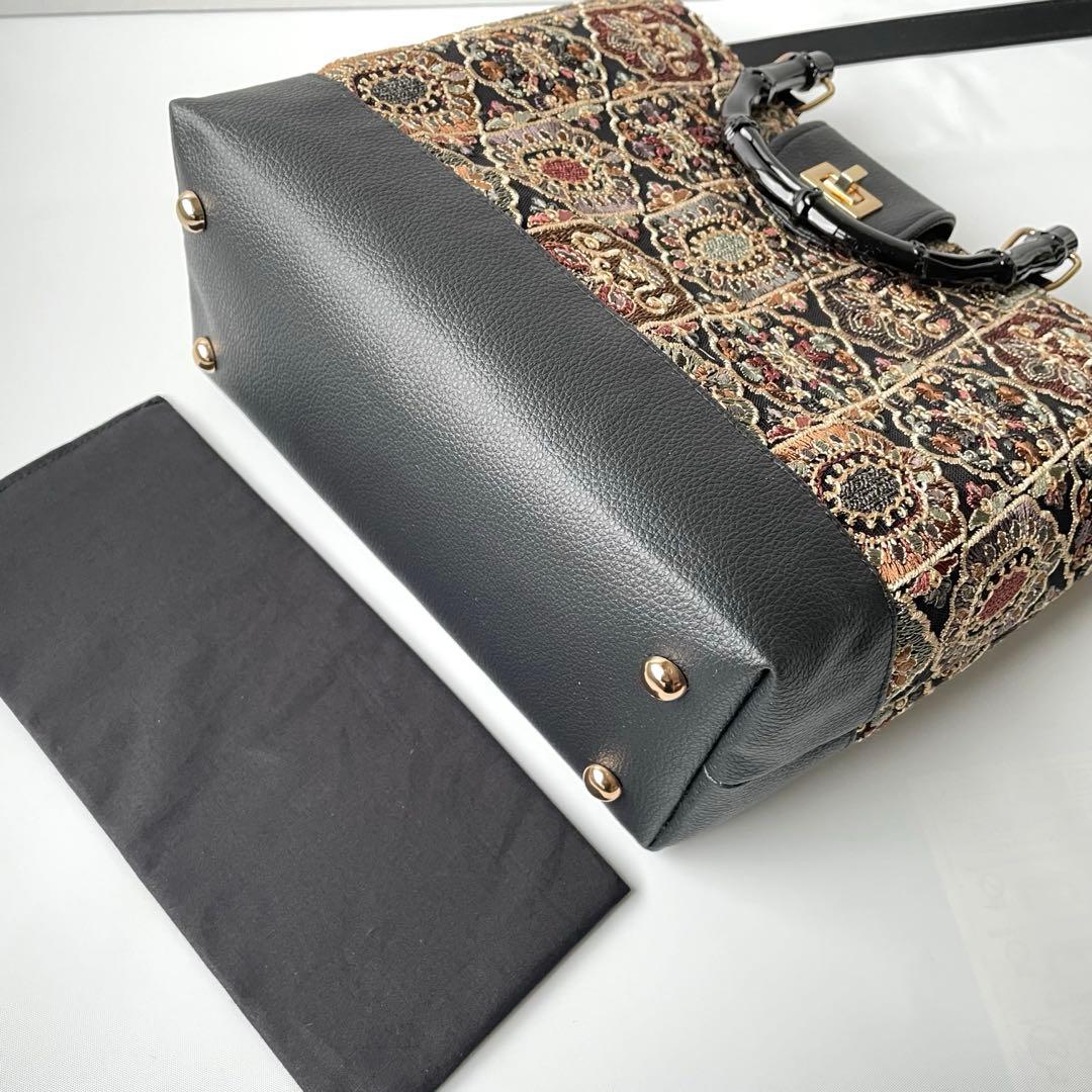 バンブートートバッグ Mサイズ2way インド刺繍チュールブラックと合皮
