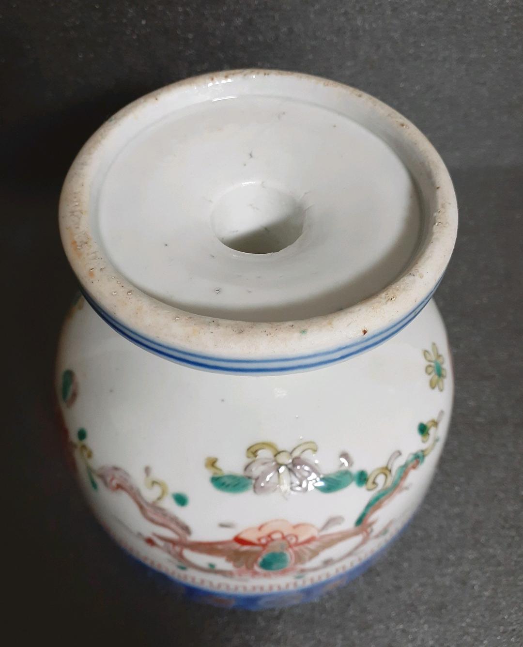 明治時代　古伊万里　錦手　福良雀(ふくらすずめ)図　見込みに柘榴図　盃洗　高付鉢