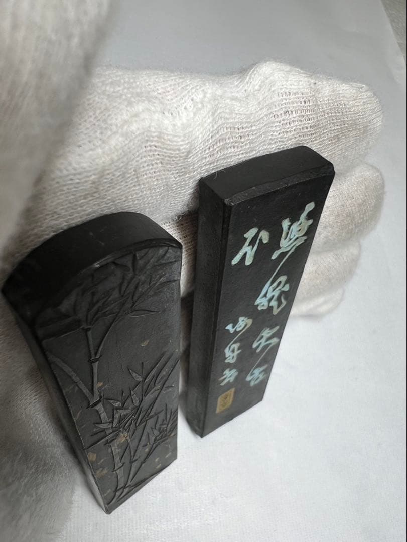 奈良老舗極上油煙古墨一丁型2点 高級書画用状態良！