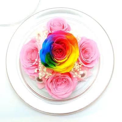 【高級プリザーブドフラワー】レインボーローズ＆ピンクローズ　ガラスドーム