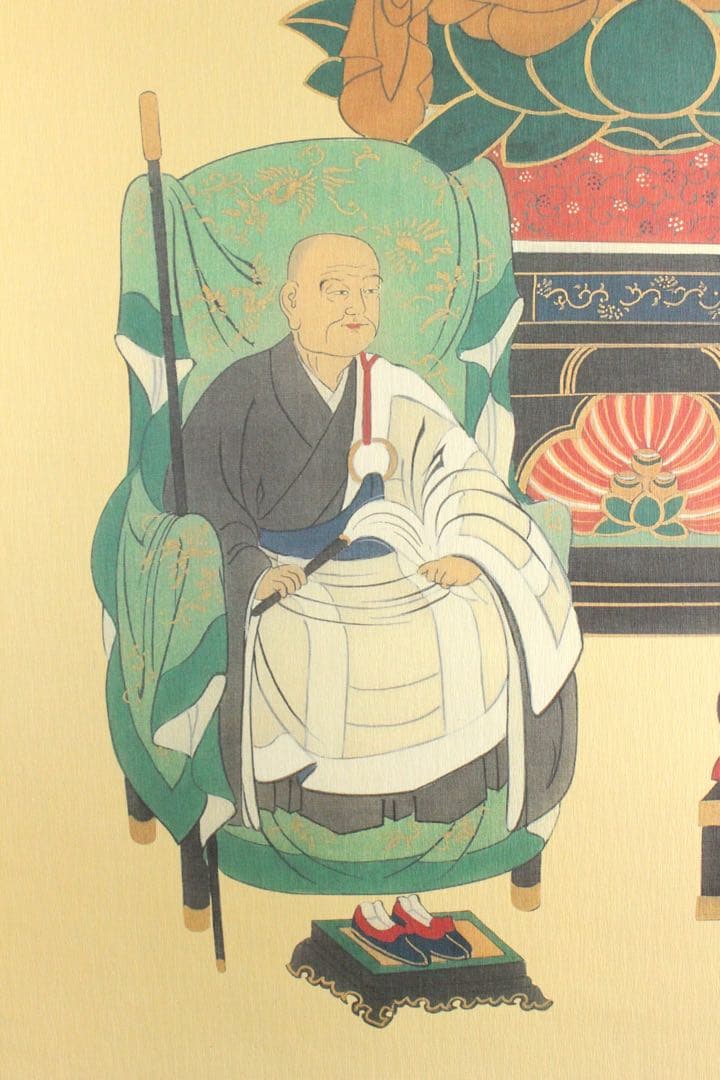 No5518 掛軸　釈迦三尊佛　紙本　紙箱　仏教美術　仏画　古美術　送料無料