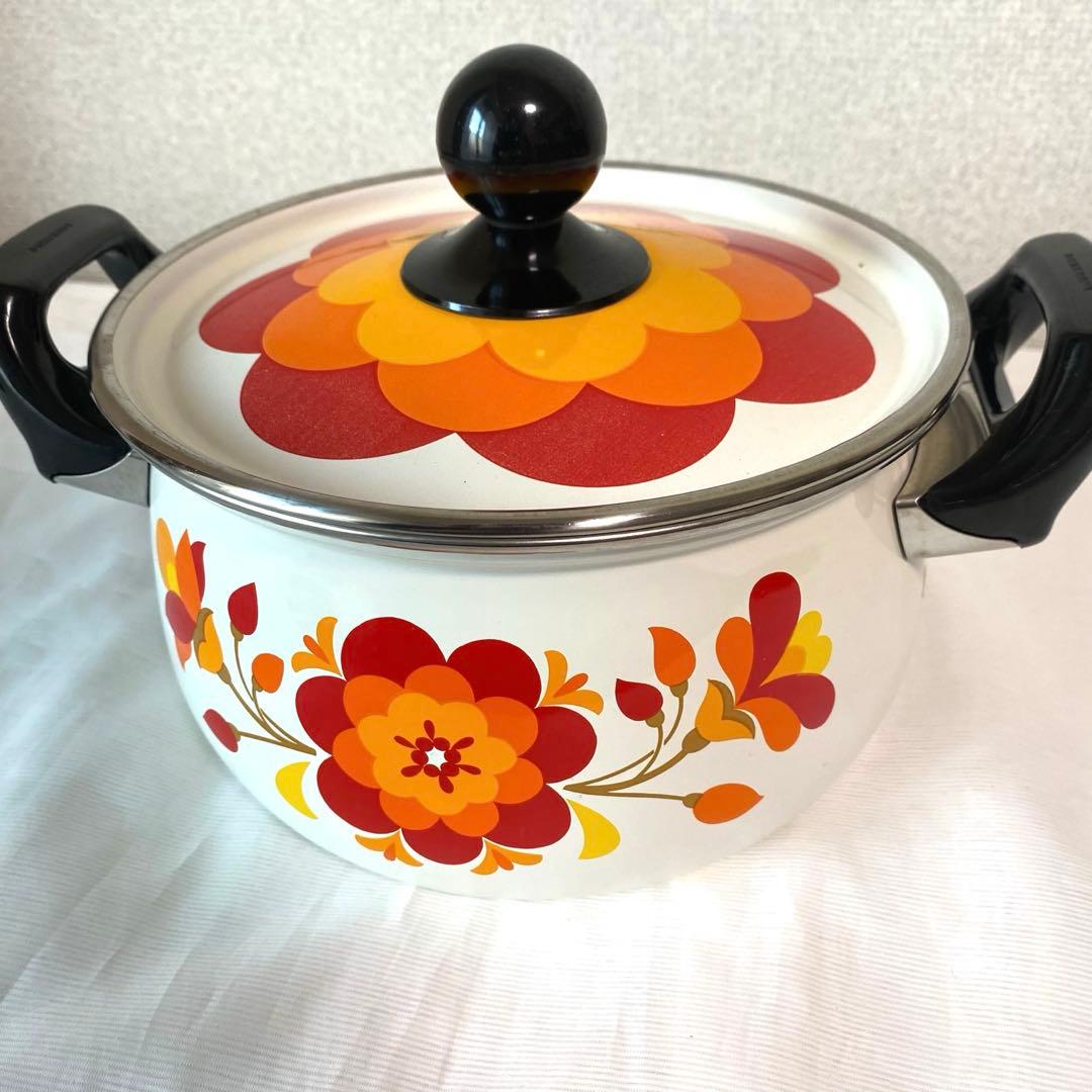【未使用】マルビシ フィオーレ ホーロー両手鍋 20cm 花柄 昭和レトロ 箱入