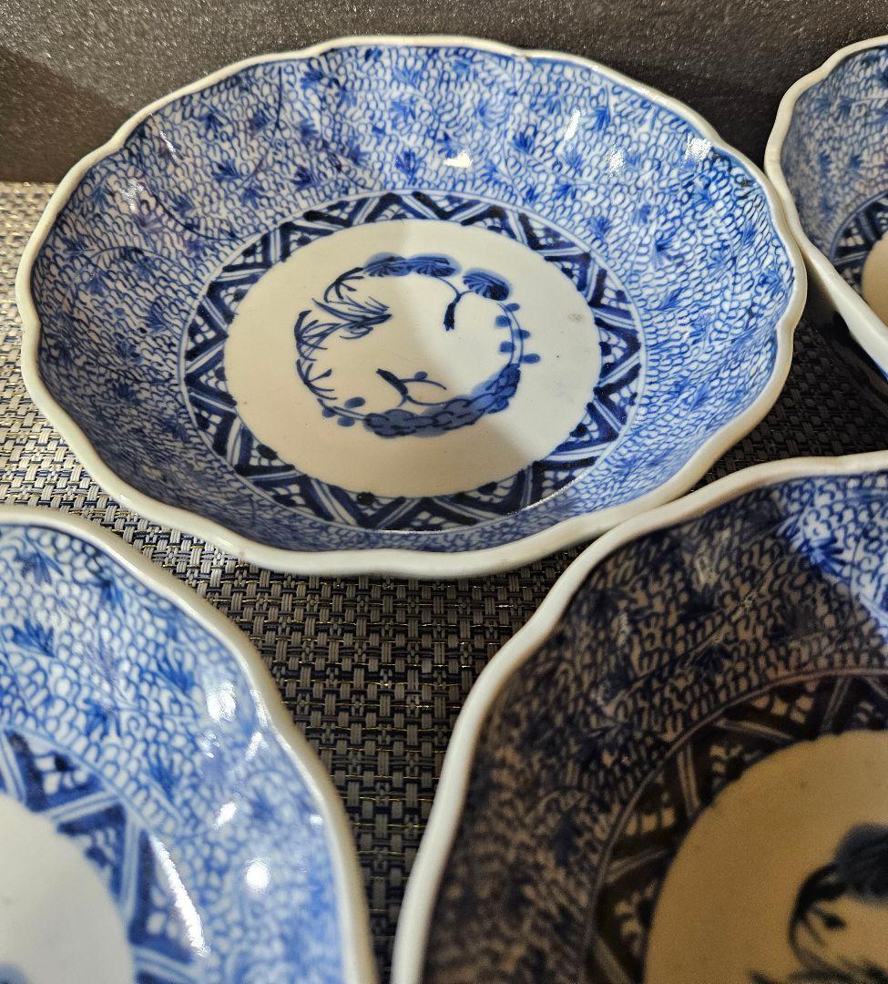 江戸時代末期　古伊万里　染付　手描き　みじん唐草文様　深皿　膾皿　なます皿　5客