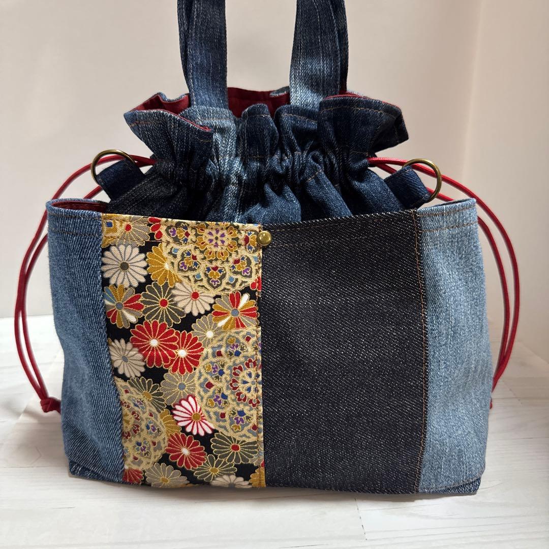 コロ葱(マロ)様　ハンドメイド　デニムリメイク　巾着トートバッグ