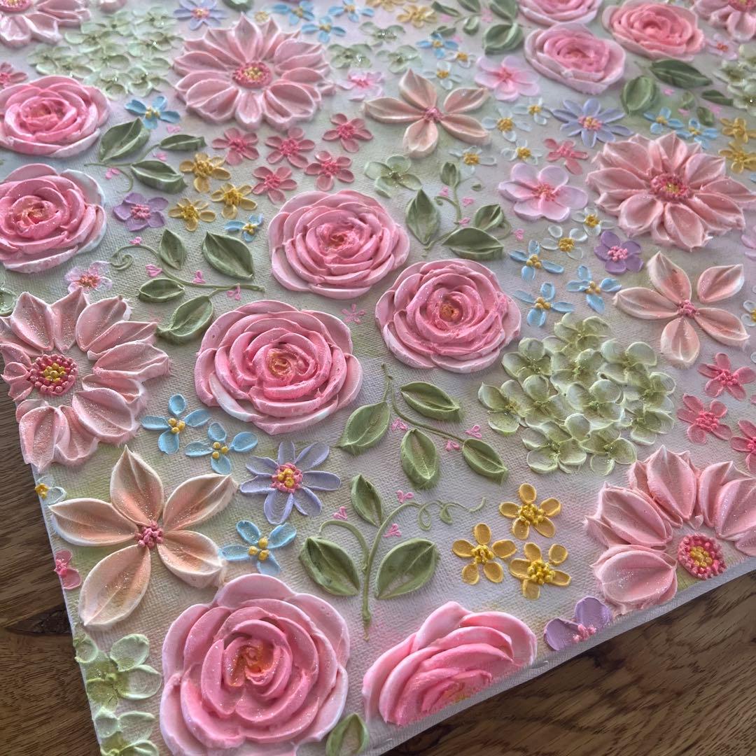 原画　花柄　アクリル絵画 テクスチャーアート ピンク フラワー　ボタニカル