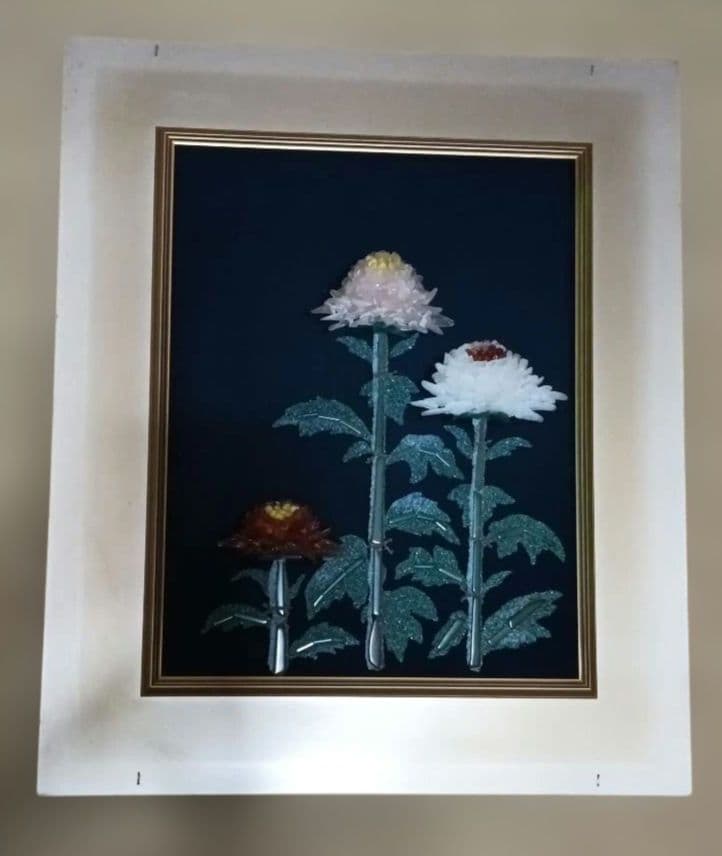 立体花のアート作品 和風インテリア　昭和レトロ　古美術　レア　菊　石造作　宝石画