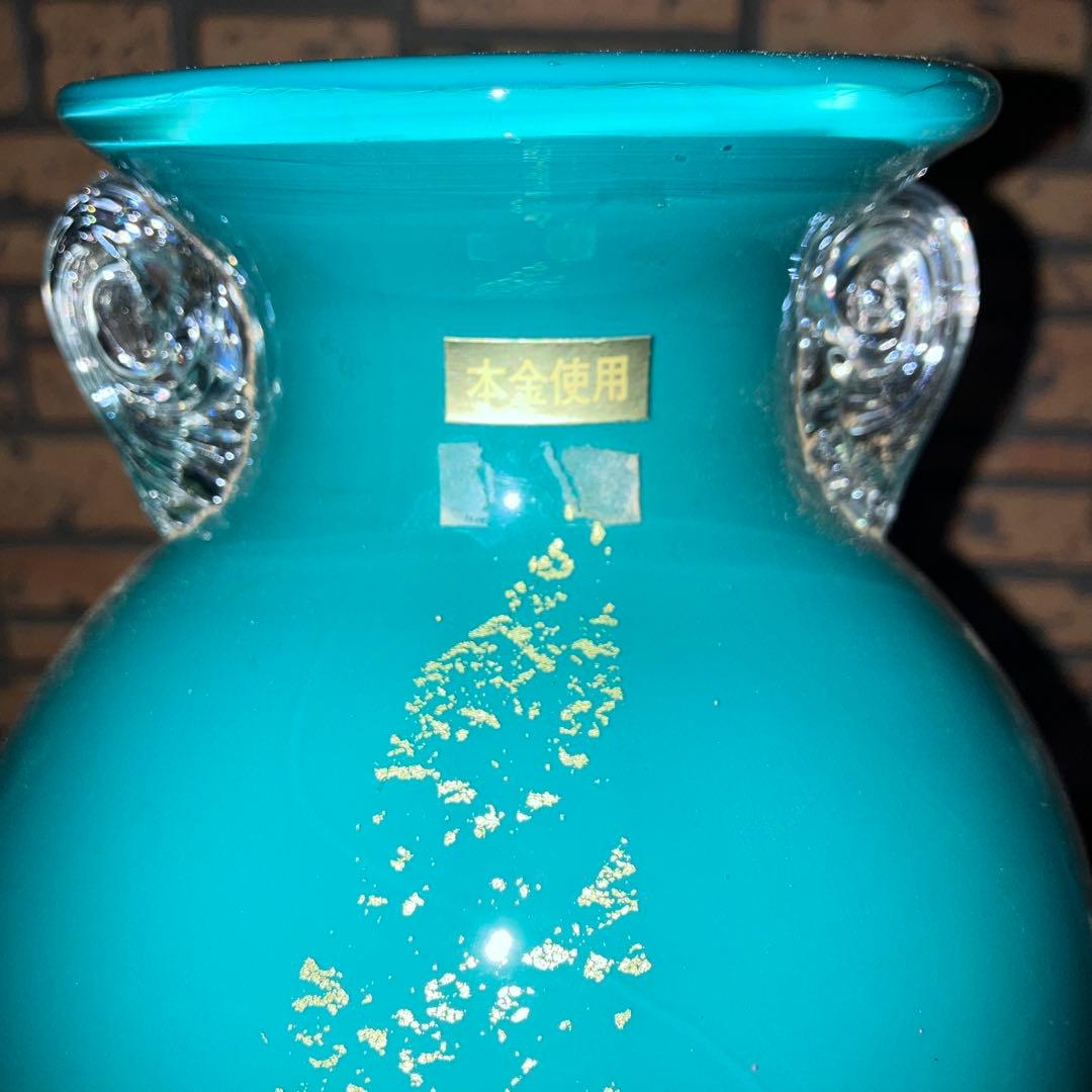 D-壁【希少・本金使用】KAMAY GLASS JAPAN 花瓶ターコイズブルー