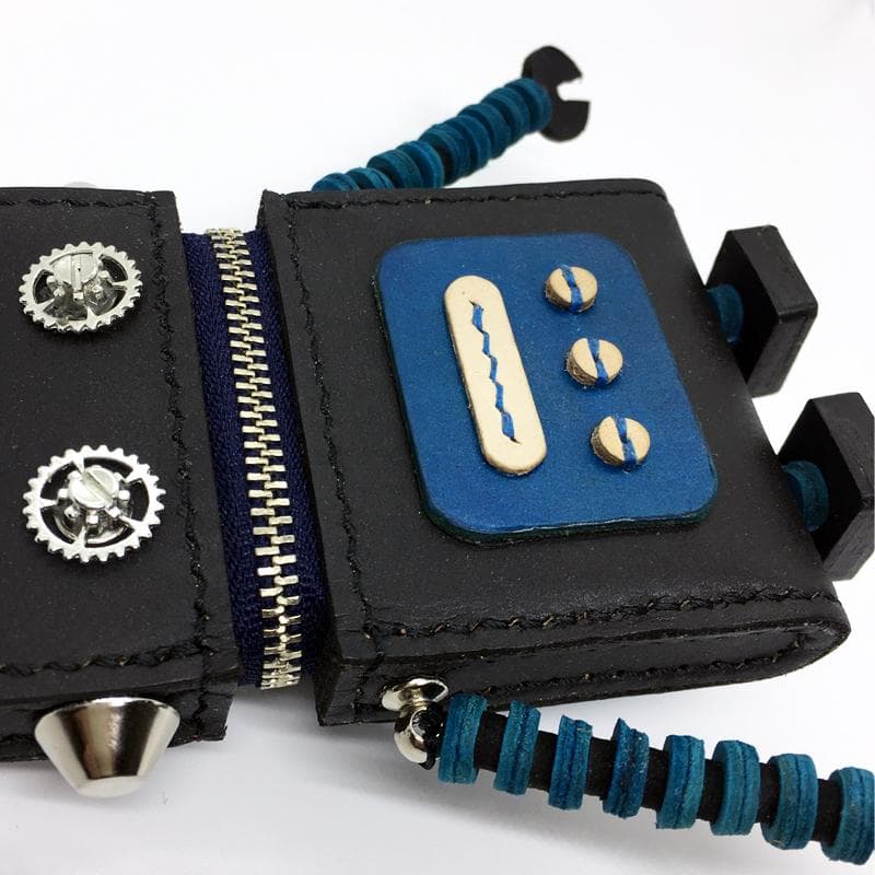 【本革】ミニポーチ 小物入れ ロボット 青 黒 ヌメ革 レザー ハンドメイド