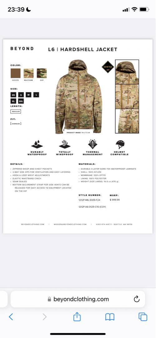 米軍　BEYOND 迷彩 フード付き 特殊部隊level6 ゴアテックス
