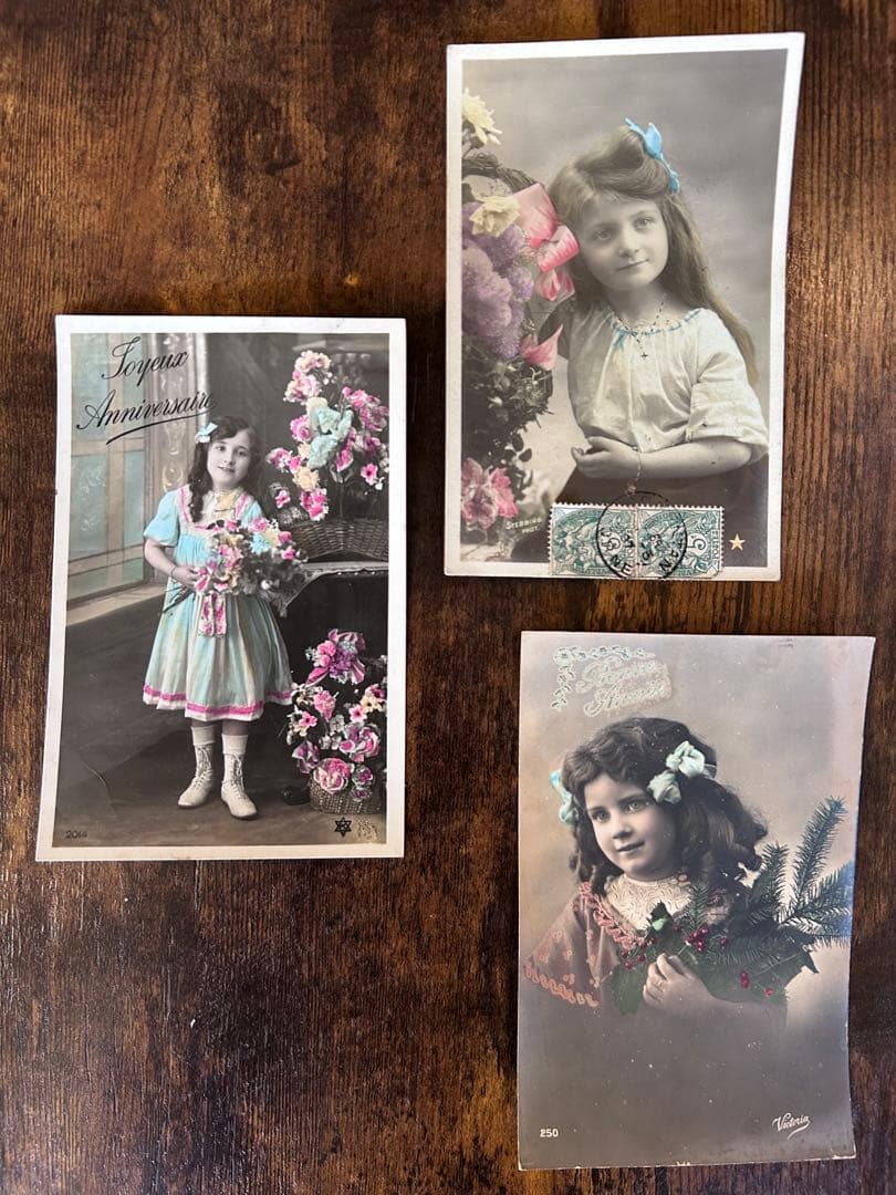 フランス 1907-09年 アンティーク ポストカード　少女 花 消印3枚セット
