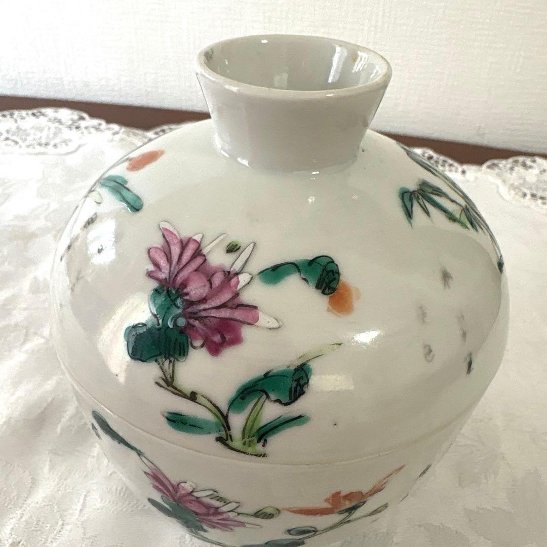 中国古美術 清末民国　粉彩 四季の花　染め付け　蓋付き器