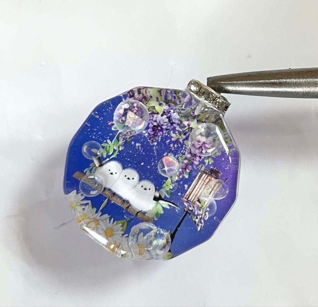 展示用/レジン/藤のブランコとシマエナガ　蓄光　オルゴナイトネックレス