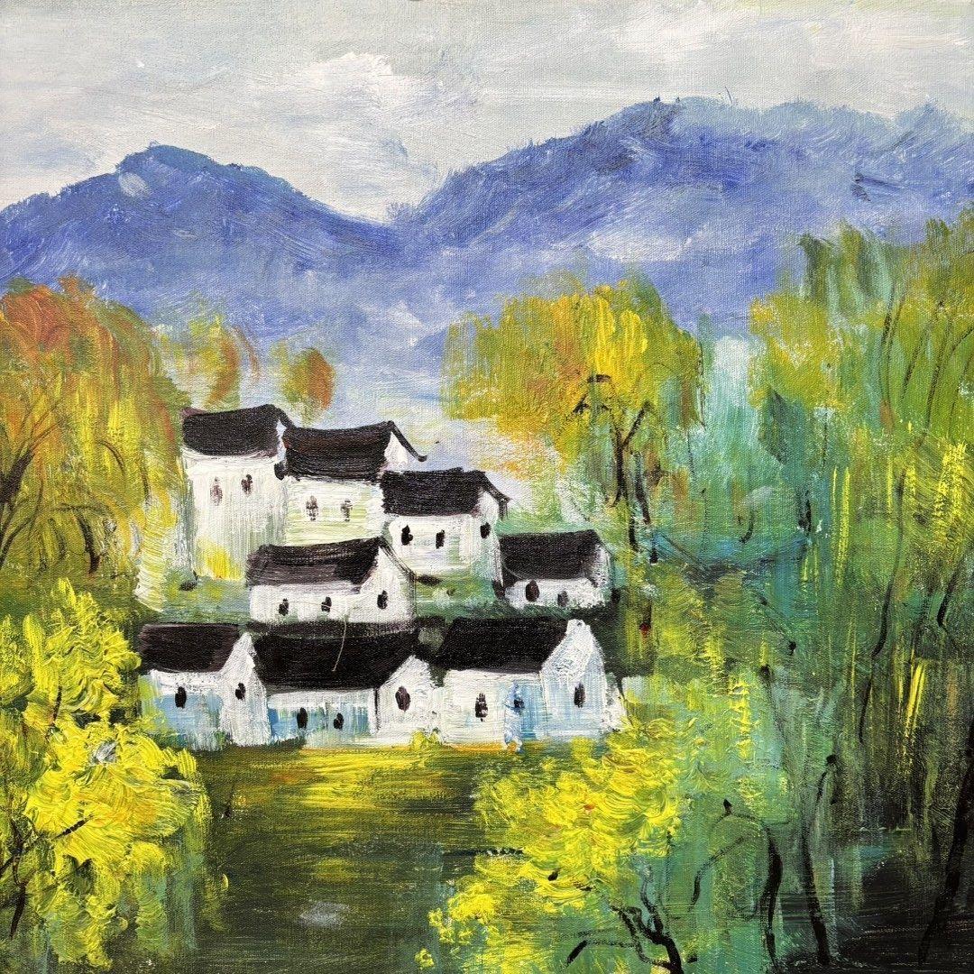 手描き 水彩油画 山水画 林風眠 作品図 中国絵画 約70×100cm 未表装